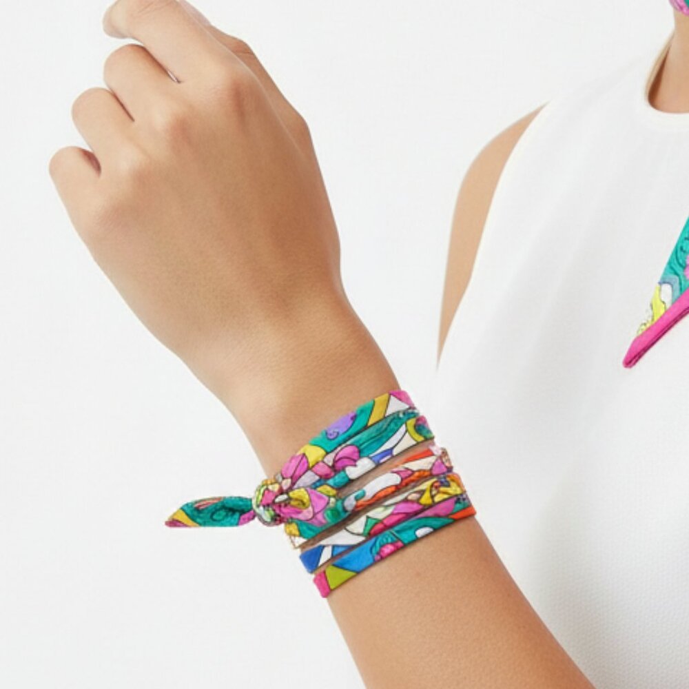 Twilly Silk spaghetti wrap bracelet HERMES multicolor patterns | NEW 46” long - Picture 4 of 8